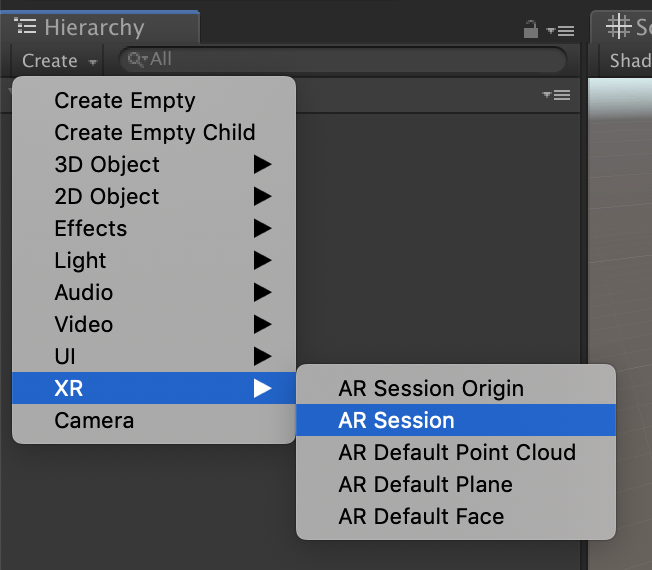 Screenshot of the Unity editor create menu