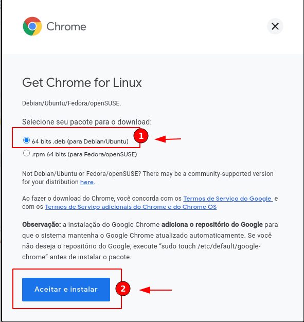 opção para download do Google Chrome