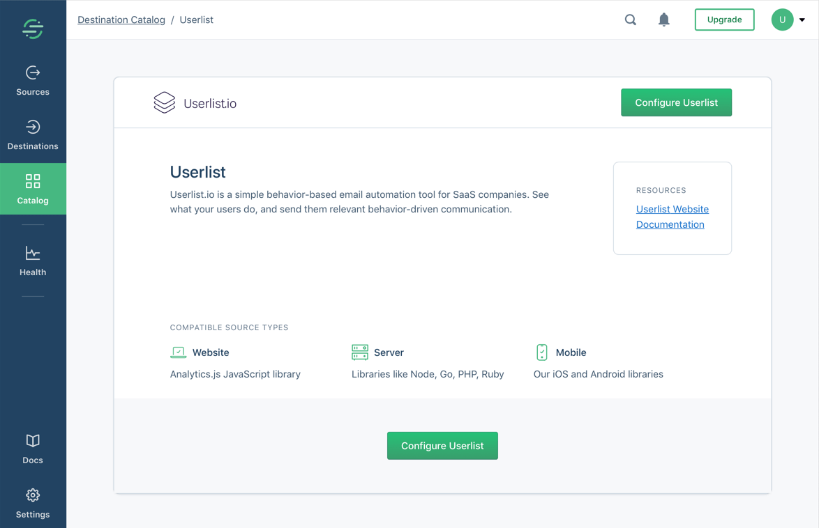 Screenshot of adding Userlist as a destination on Segment