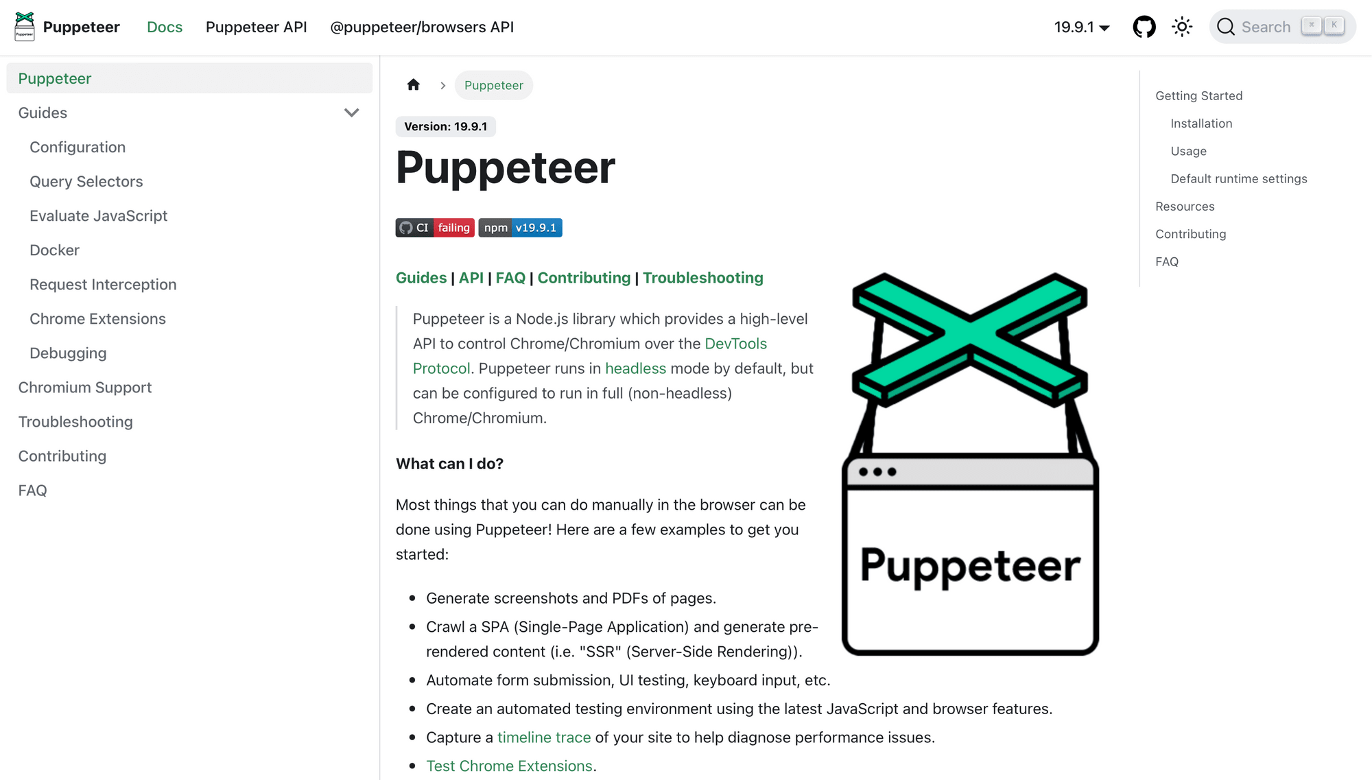 Screenshot of Puppeteer home page