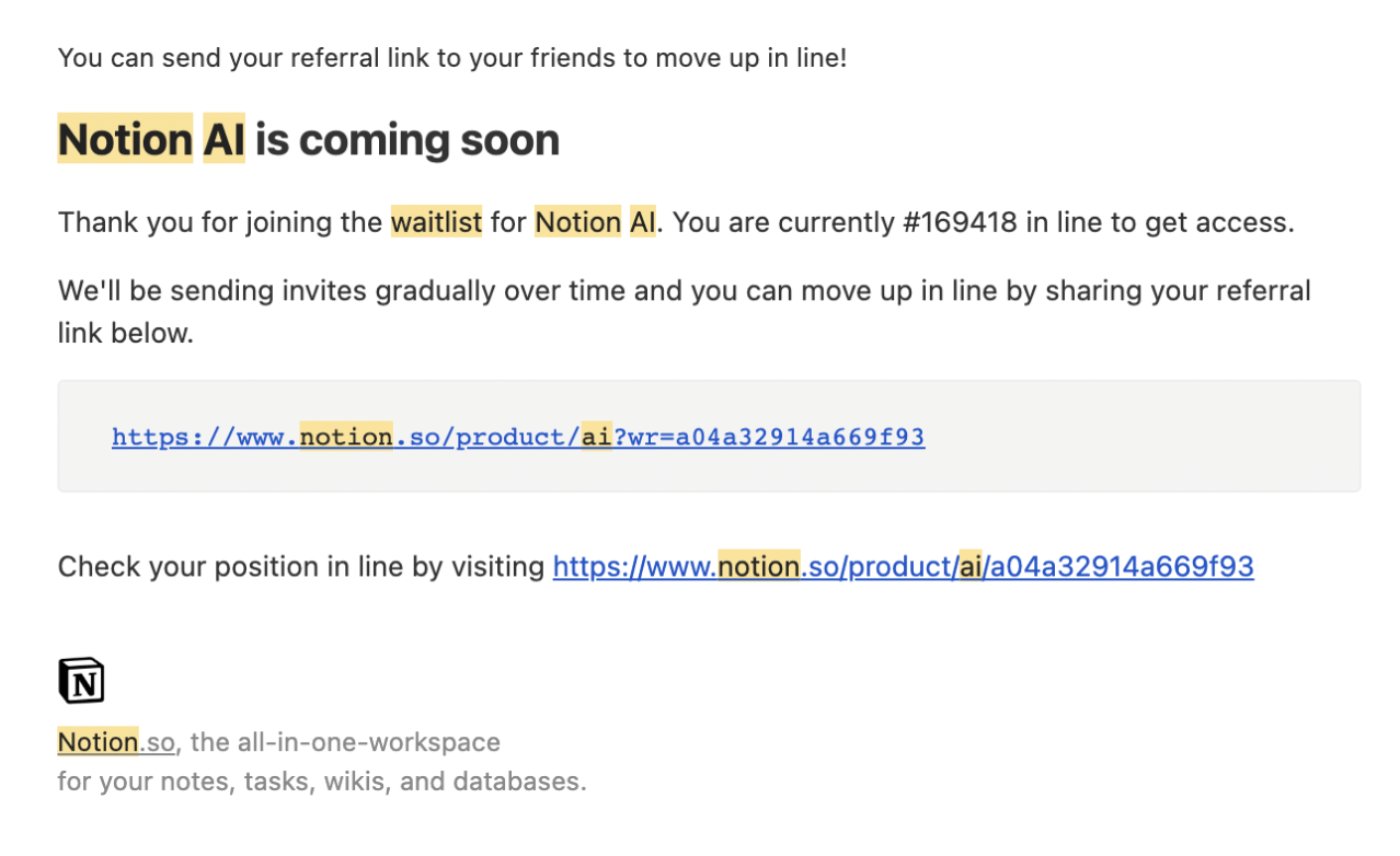 SaaS Waitlist Emails: Screenshot of Notion's first email in their AI campaign.