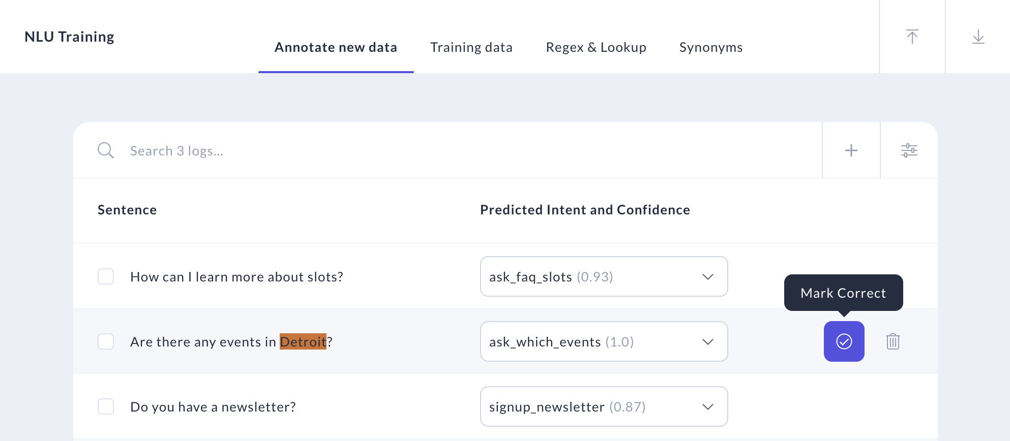 Rasa X NLU Train Annotate Screenshot