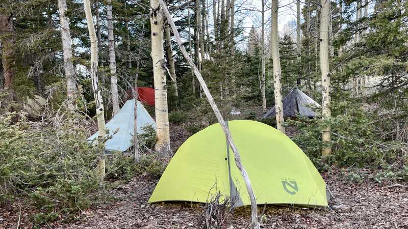 Tents are wedge between trees