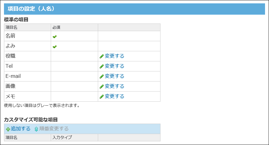 人名の項目の設定画面の画像