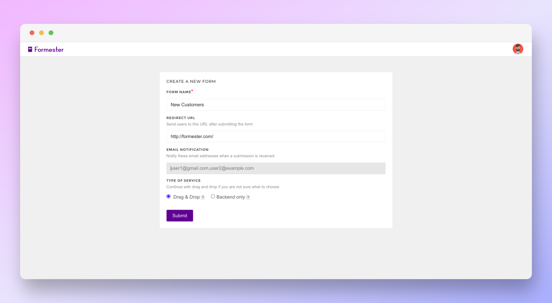 Form accepting details like form name, redirect url and type of service for creating new form