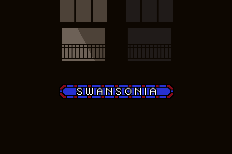 Pixel art showing dark windows and a blue-and-red stained glass sign bearing the name 'Swansonia'