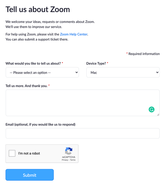 Example of a customer survey from Zoom.