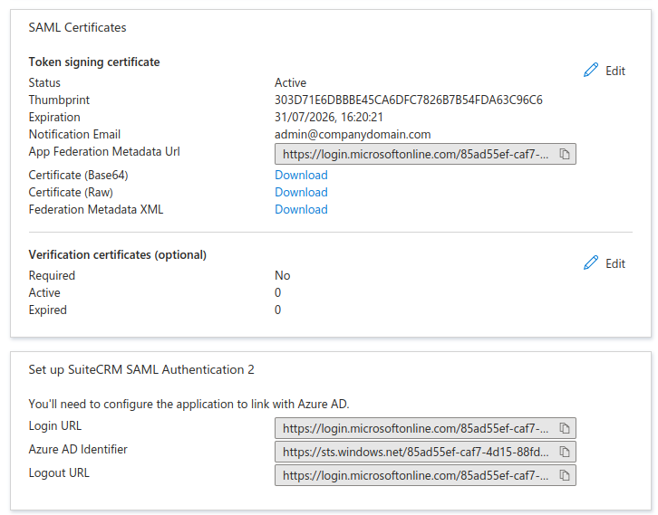 SuiteCRM SSO Azure Application SAML settings