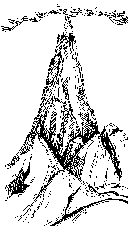 The tall peak of a volcano