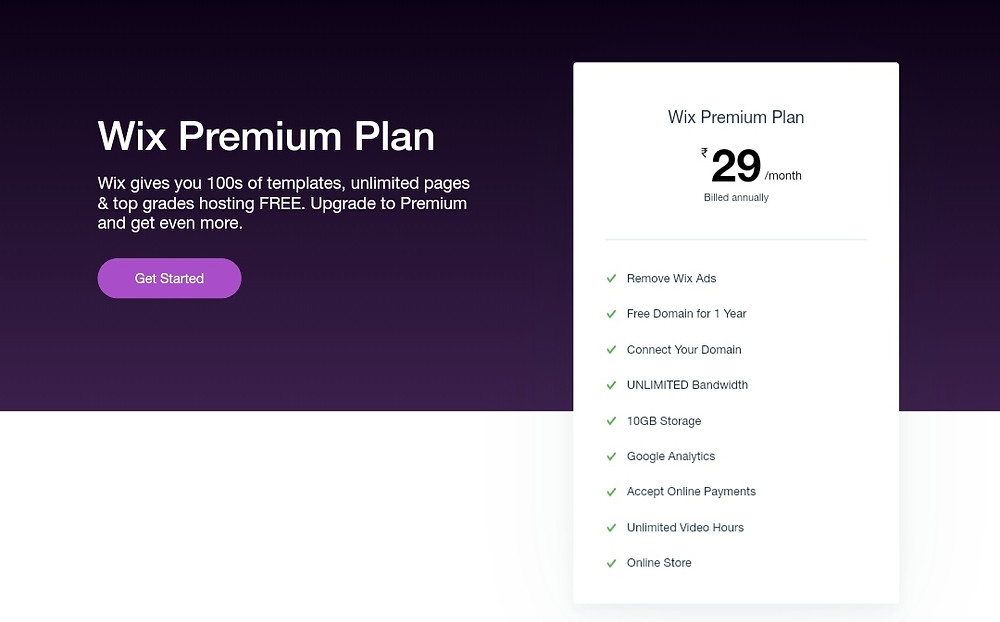 Wix Rs 29 per month Plan India