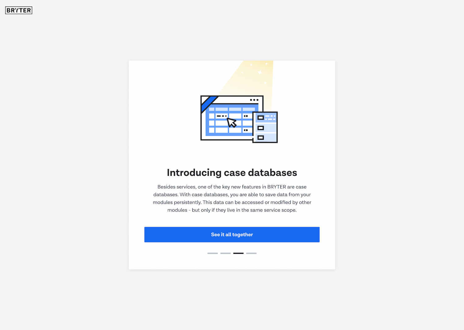 Screenshot from a case database onboarding screen step showing a big illustration at the top.