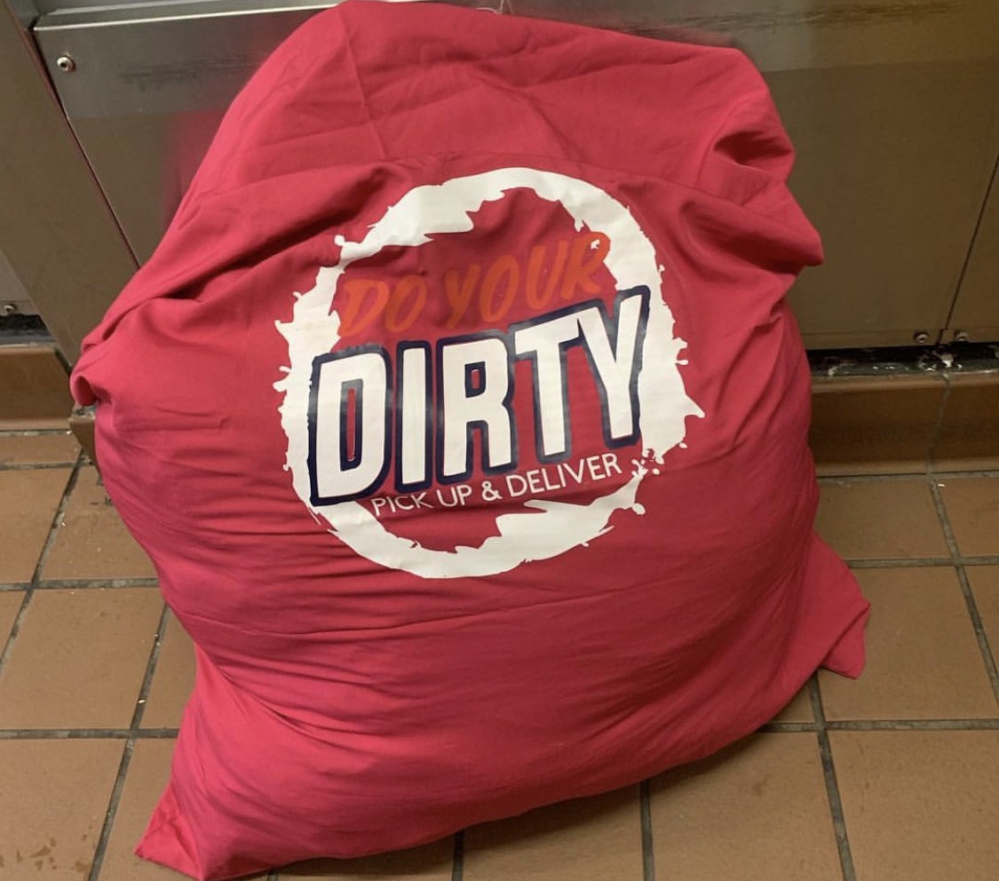 A red bag of laundry