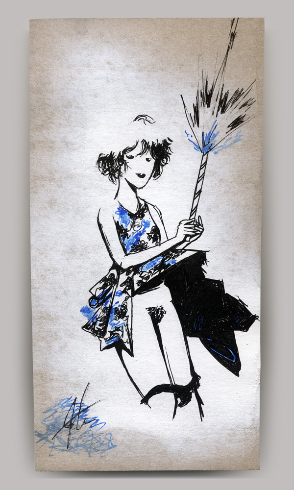 An acrylic painting on wood panel, titled 'Sonatine', of a young woman in a patterned dress blowing up while holding a lit roman candle.