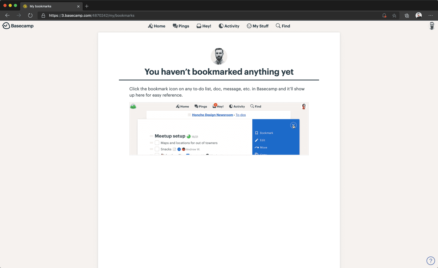 Screenshot of No bookmarks in Basecamp for the web