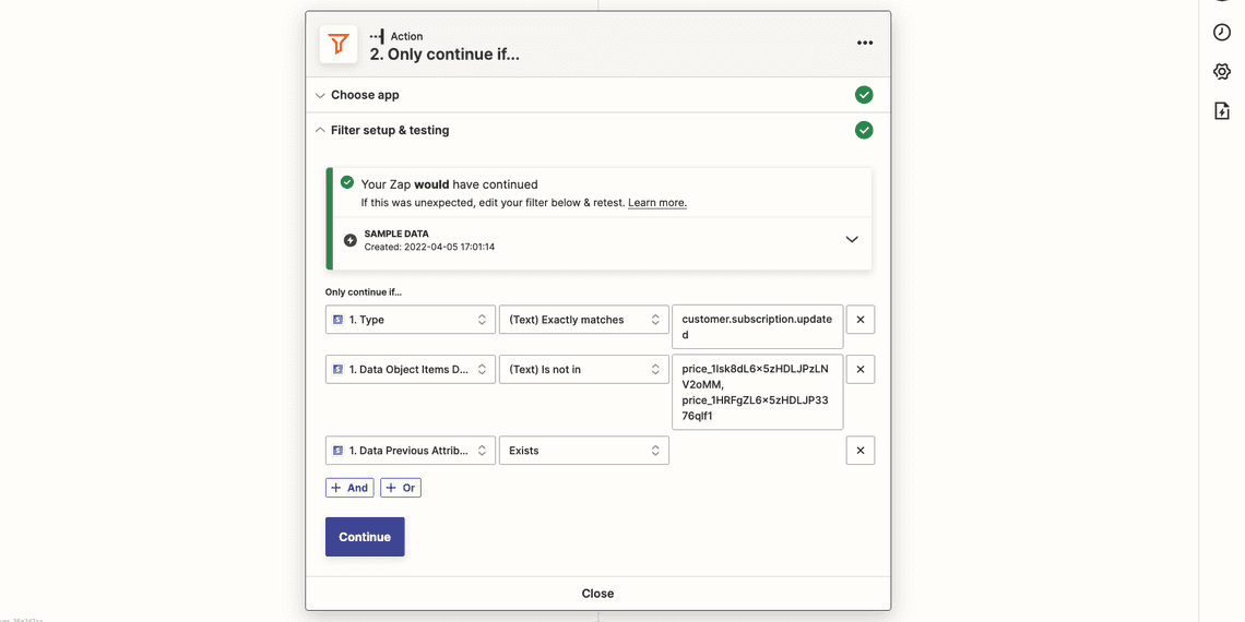Your Zapier Filter Action should look something like this