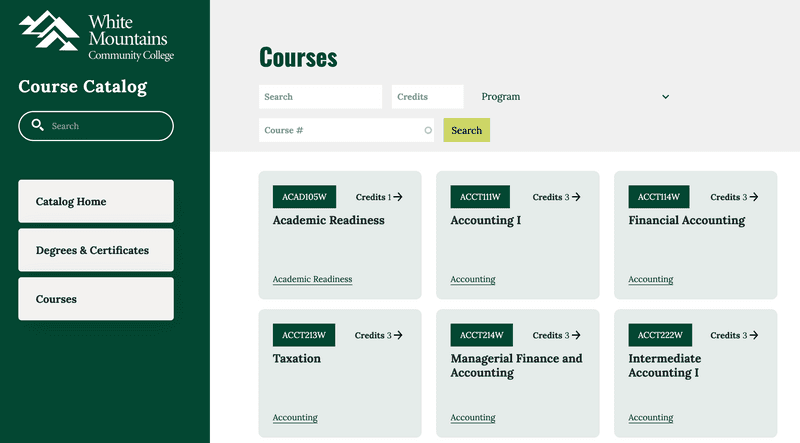 Dedicated course search page on WMCC's new course catalog