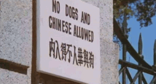 An animated gif of a scene from the movie 'Fist of Fury' of a sign that reads 'No dogs and Chinese allowed' being kicked into the air and smashed by a flying kick from a young man.