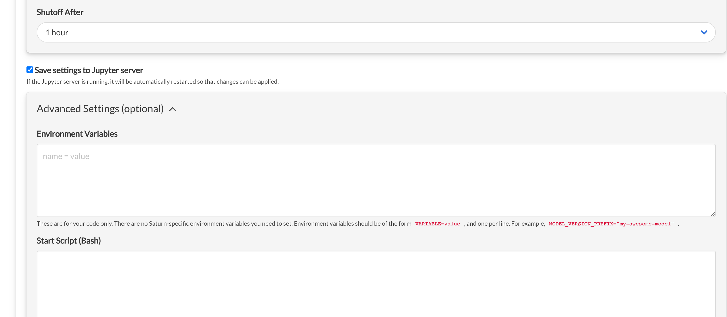 Screenshot of Saturn Cloud project creation page Advanced Settings section