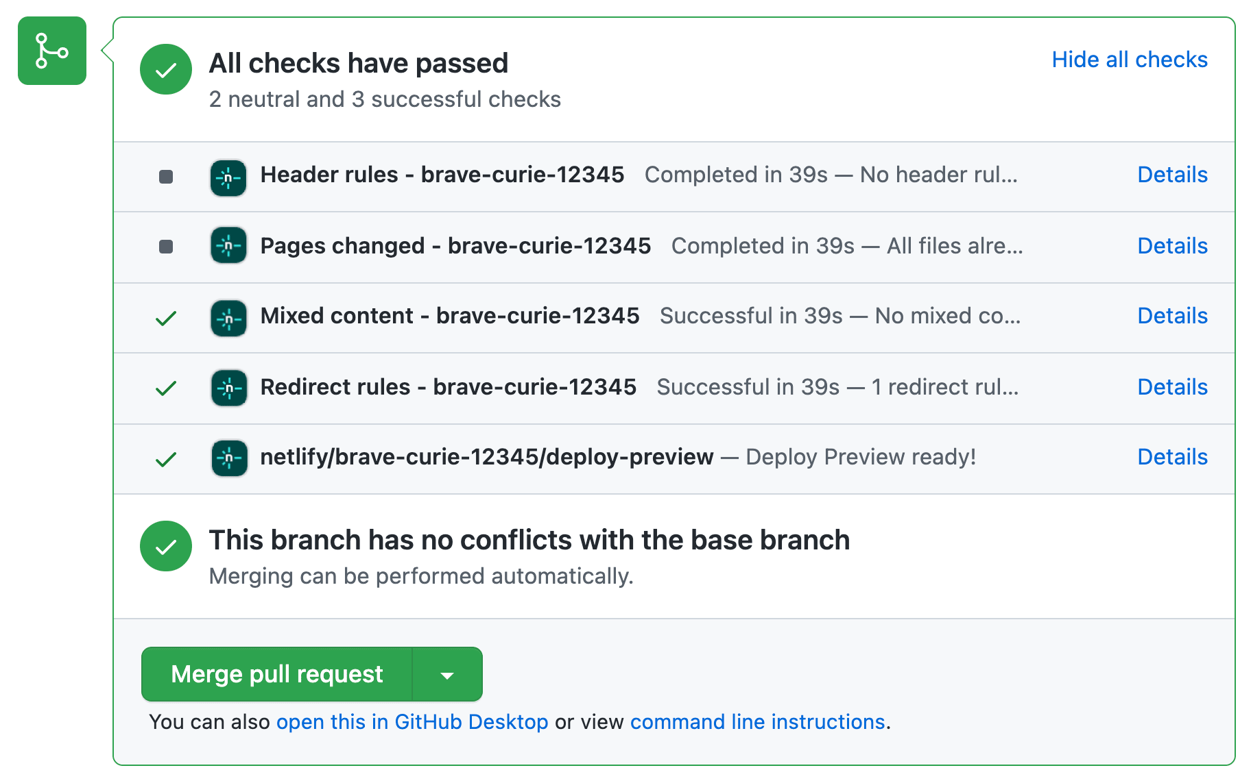 Commit checks for header rules, pages changed, mixed content, redirect rules, deploy preview.