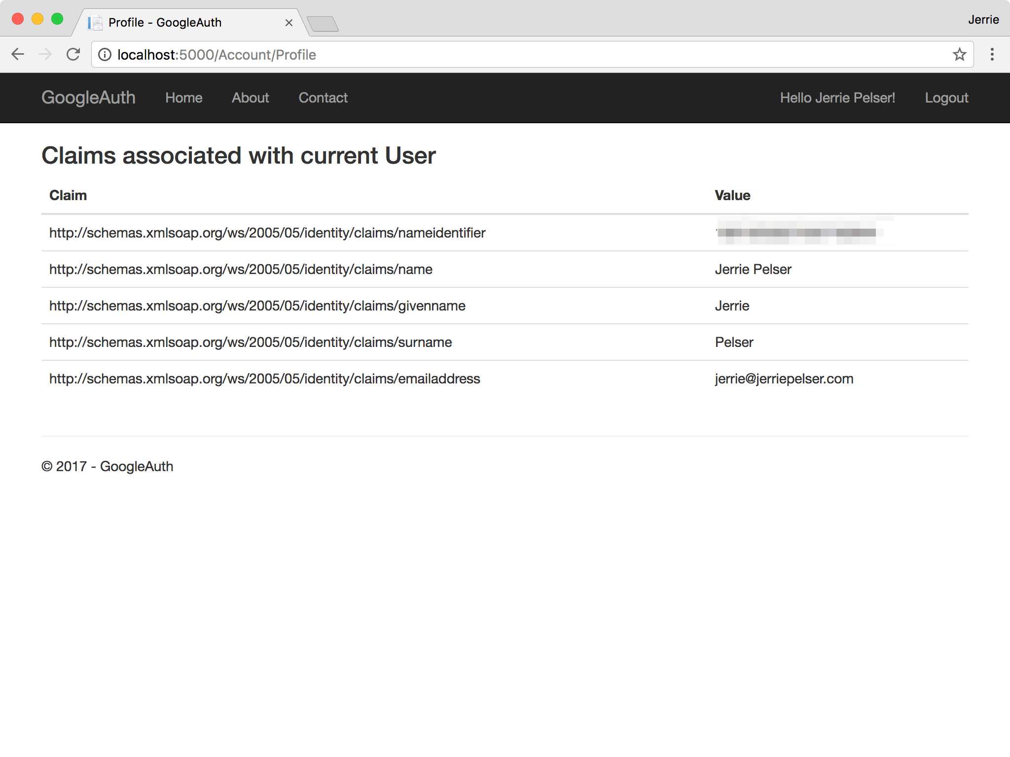 If I click on the Hello Jerrie Pelser text I will be taken to the Profile page where you can see all the claims that were returned by Google