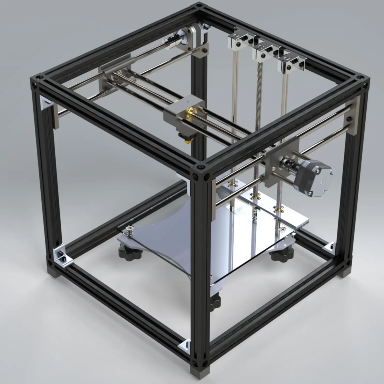 A photorealistic rendering of a core-xy based 3D printer, designed in SOLIDWORKS.