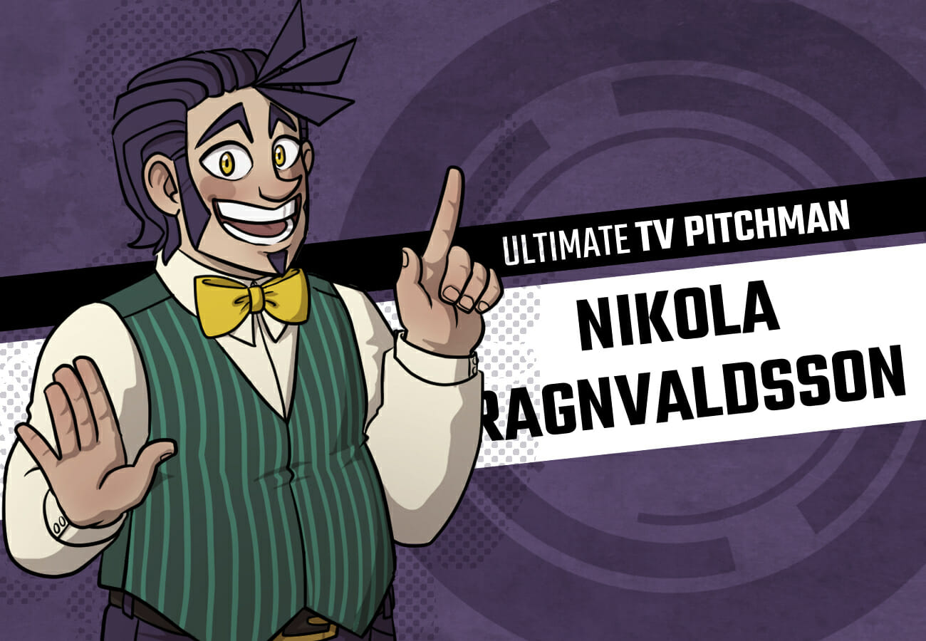 Introduction card for Nikola Ragnvaldsson, the Ultimate TV Pitchman. He's a tall, stocky boy with light skin, slicked-back purple hair with sideburns, and an enormous grin. He's wearing a striped teal vest and a yellow bow-tie.