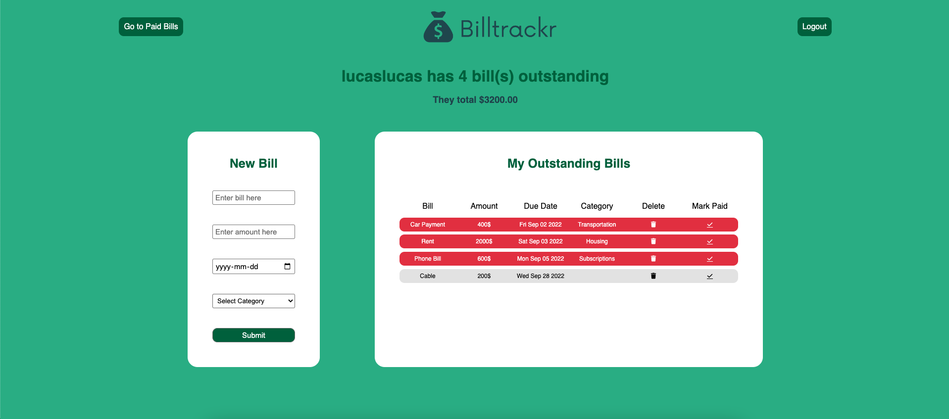 A bill tracker to track your upcoming and paid expenses