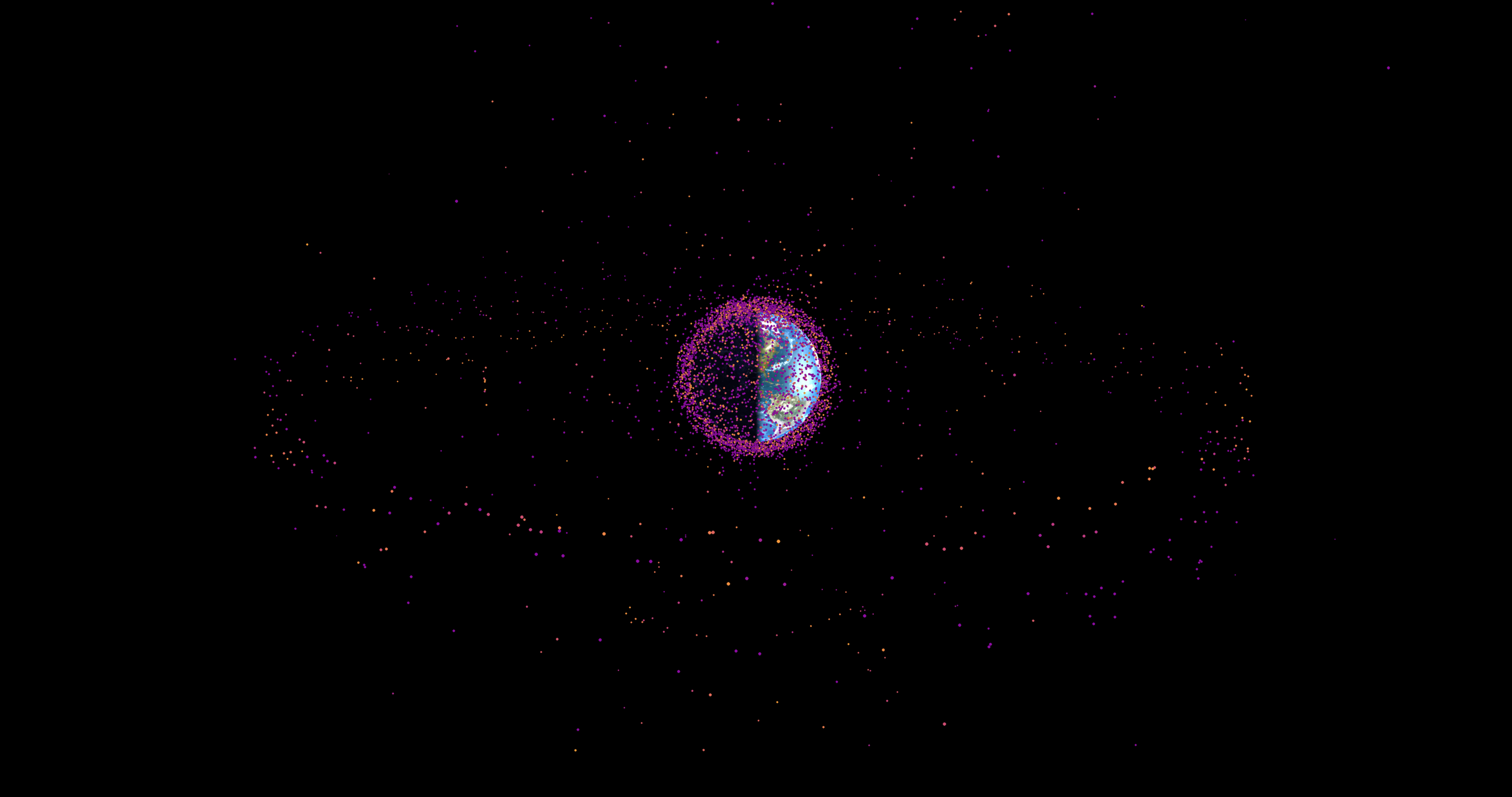 All tracked man-made objects in orbit around the Earth in 1990. Object size is not to scale. Object positions are to scale.