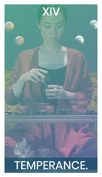 The Temperance card. A woman sits cross-legged at a short table with different cups and bowls. She pours water into one. The stars are at her back and a kitten is in her lap.