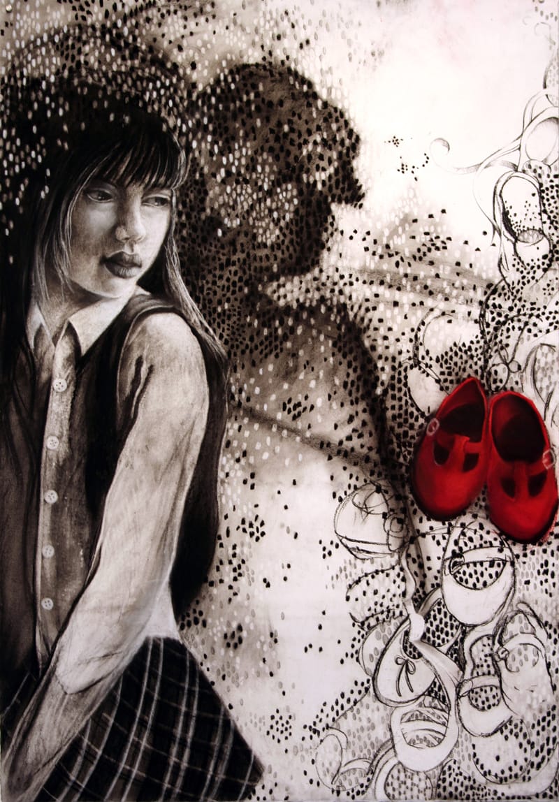 a charcoal drawing of a woman admiring a pair of red shoes from afar