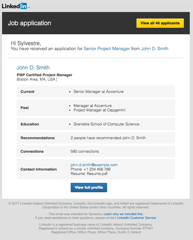 LinkedIn job application email sample
