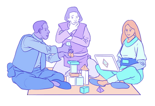 Illustrasjon av en gruppe nettbyggere som arbeider sammen.