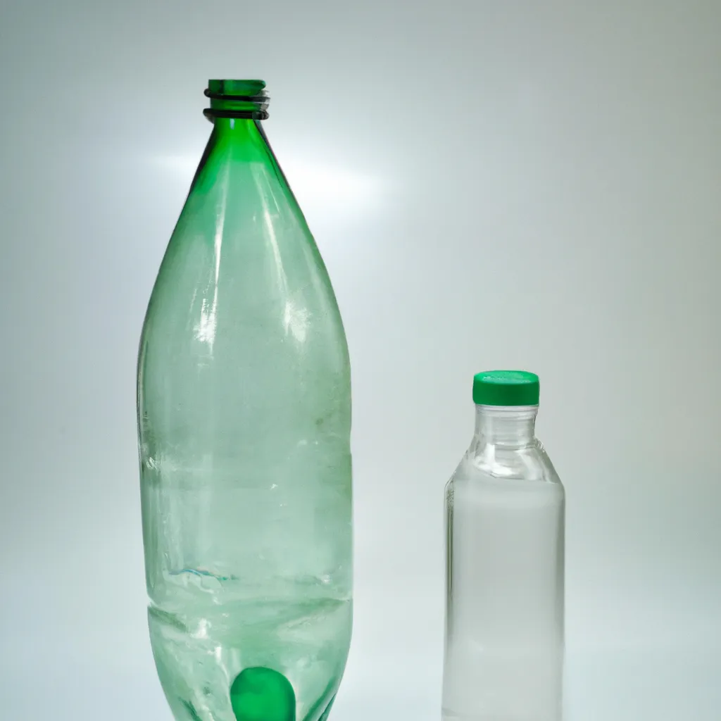 An image of a glass bottle and a plastic bottle side by side, with the glass bottle appearing more eco-friendly.