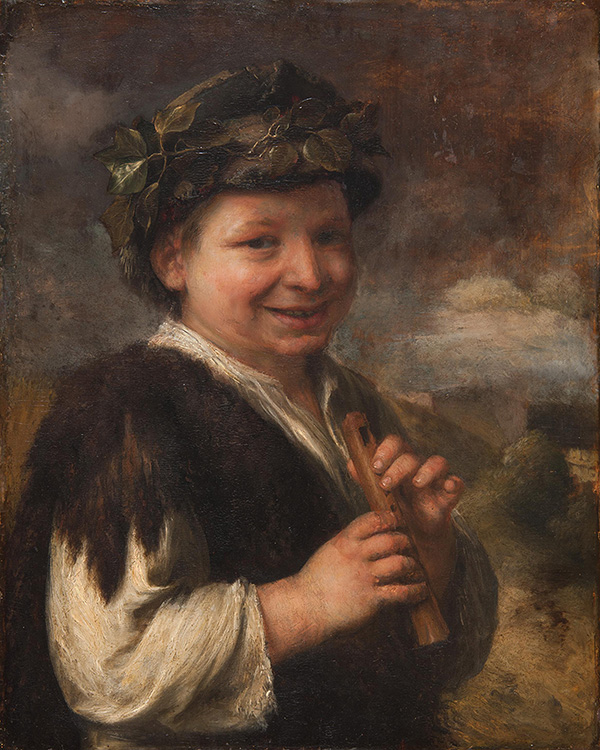 Portrait of a young boy smiling with recorder in hands wearing fur wrap and olive branches in his hair.