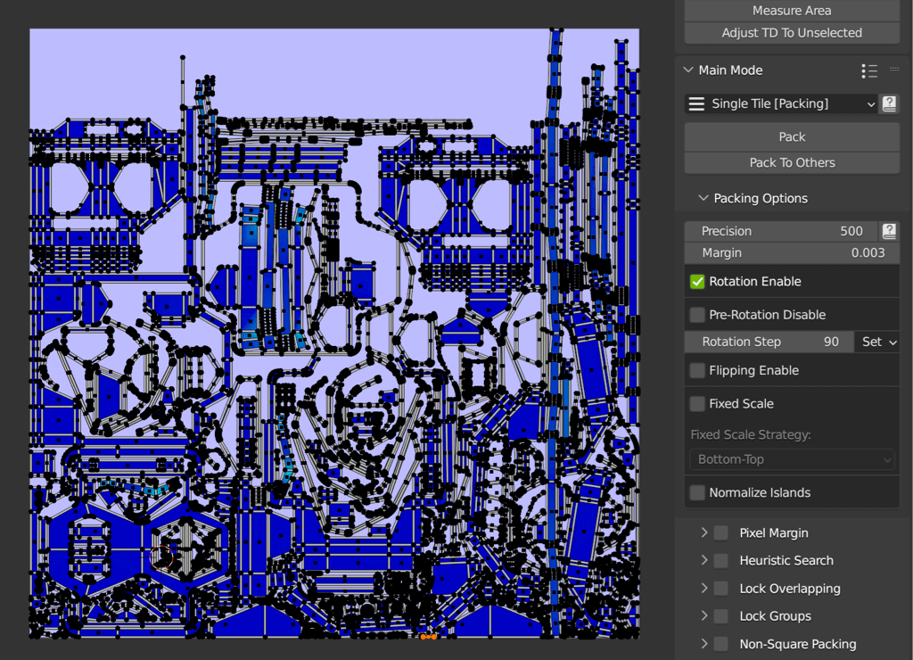 Image showing the UV view in Blender, in blue colors the UV islands of the bulkhead door. On the right the settings panel of UVPackmaster 3.