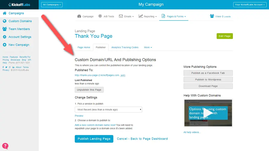 Publish Thank You Page