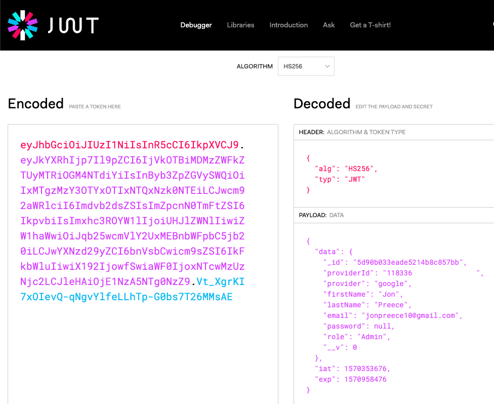 Debug JWT using JWT.io
