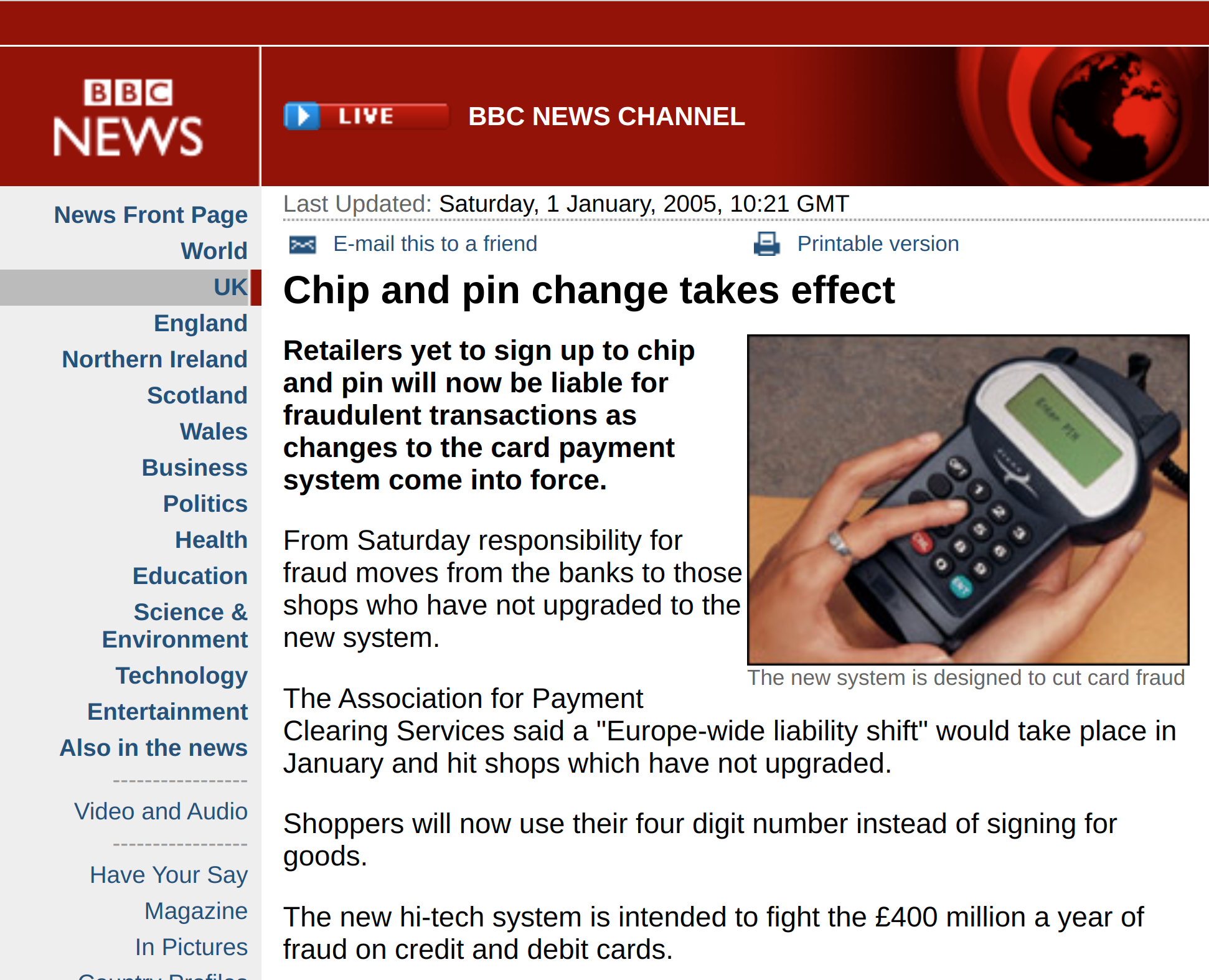 Screenshot of BBC News article from 2005 describing Chip & PIN
