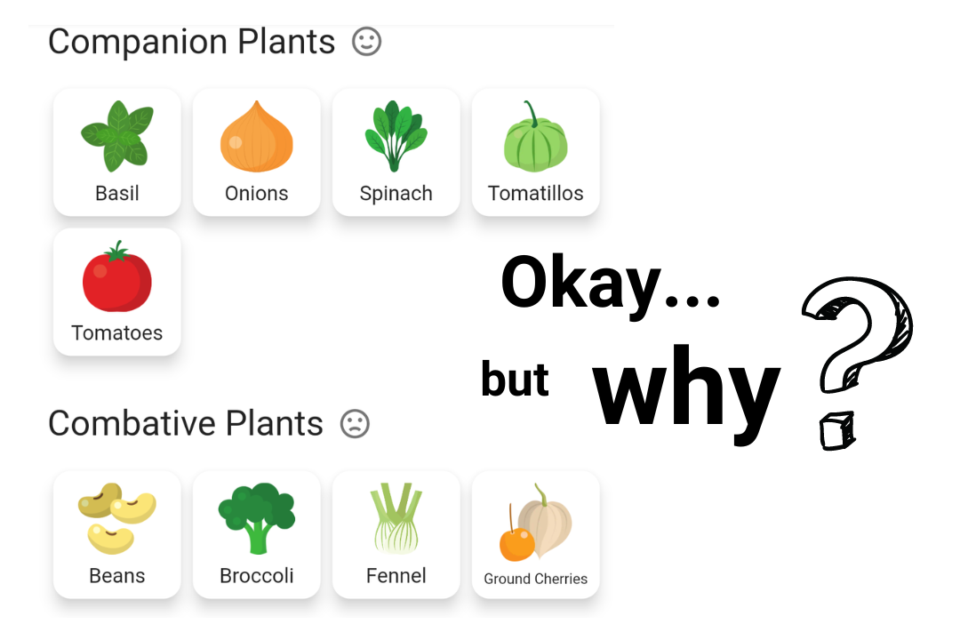 Companion planting screenshot with “Okay…but why?” text.