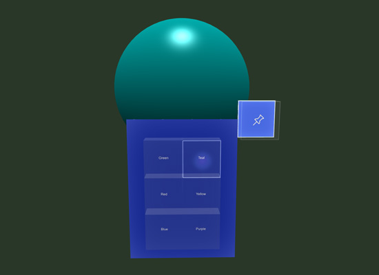 A 3D button menu with a clicked button to change a sphere color to teal