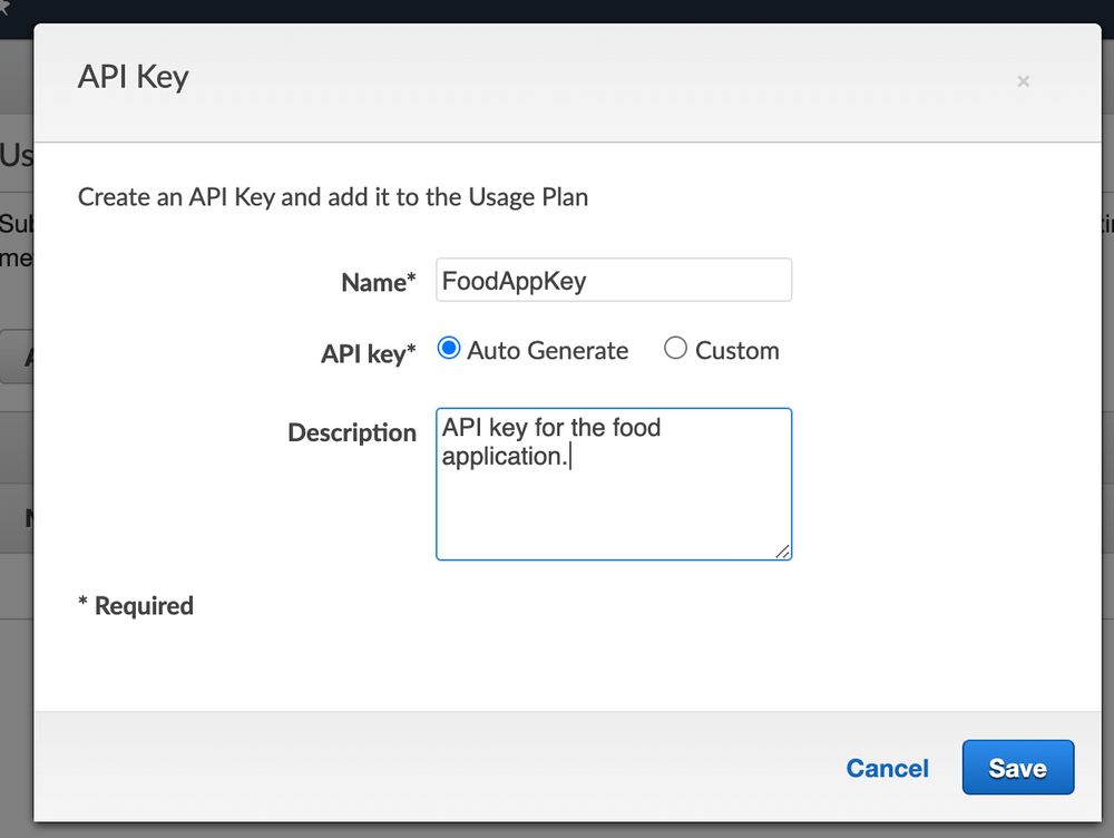 API Gateway - API Key modal window screen