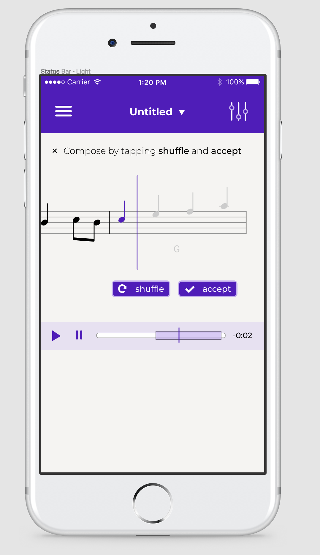 Mobile phone design concept for Tapcompose, showing a bar of music with buttons that say 'shuffle' and 'accept' and a playback bar at the bottom.