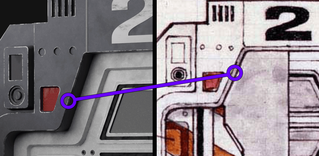 Image showing a comparison between Ron Cobb's sketch and my mesh. Highlighted is the rim around the main door-frame, compared to my model without.
