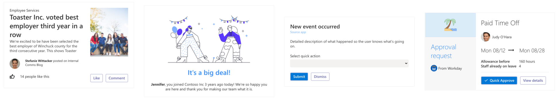 4 different Adaptive Cards showing sample data, including news articles, announcements, forms and request workflows