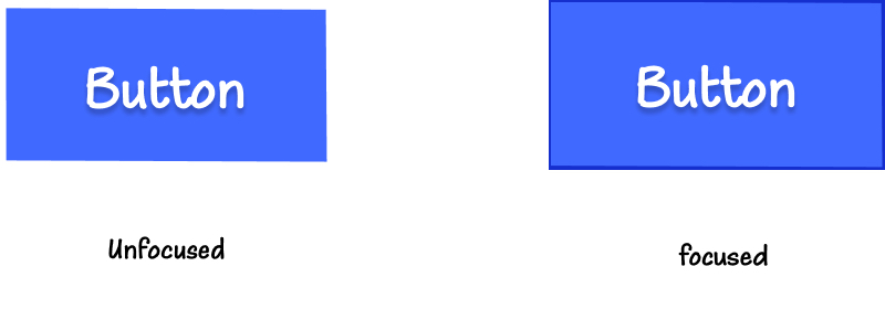 On the left, the blue button in its default, unfocused state. On the right is the blue button with a 1px thick dark blue outline applied to it.