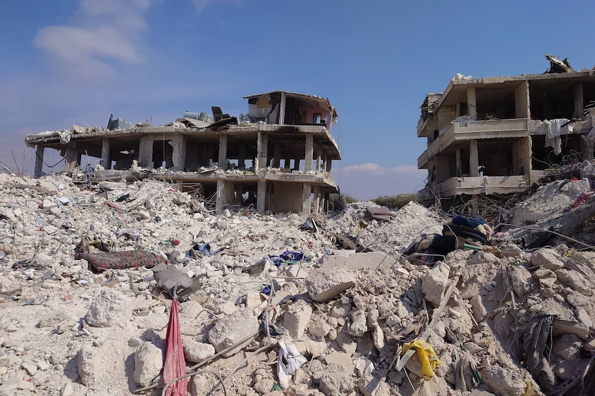 Destroyed buildings in Syria's Alleppo Governate