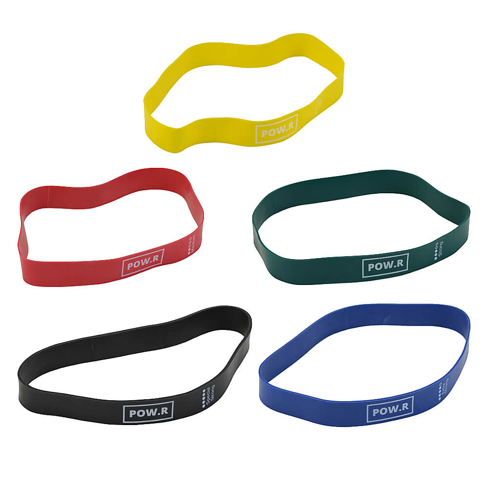 Narrow mini loop resistance band colours, yellow, red, green, blue, black