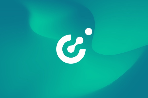a blue and green wavy background with white logo on top
