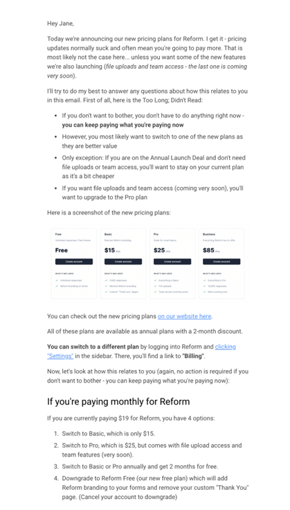 SaaS Pricing Update Emails: Screenshot of pricing update email from Reform