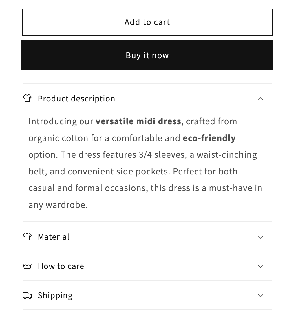 Collapsible tabs used for product descriptions